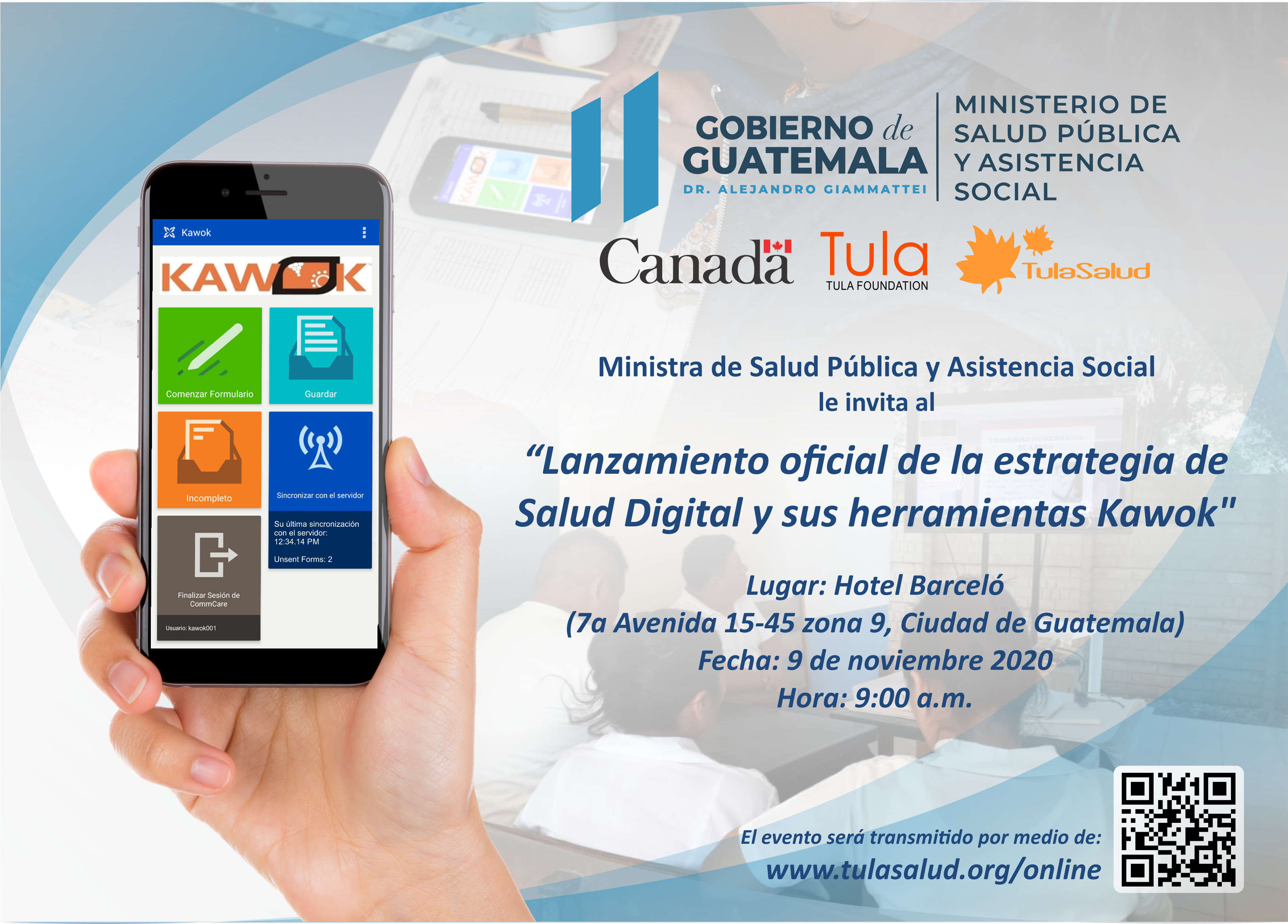 Invitation to the launch of the Ministry of Health's Digital Health Strategy with TulaSalud's Kawok tool.