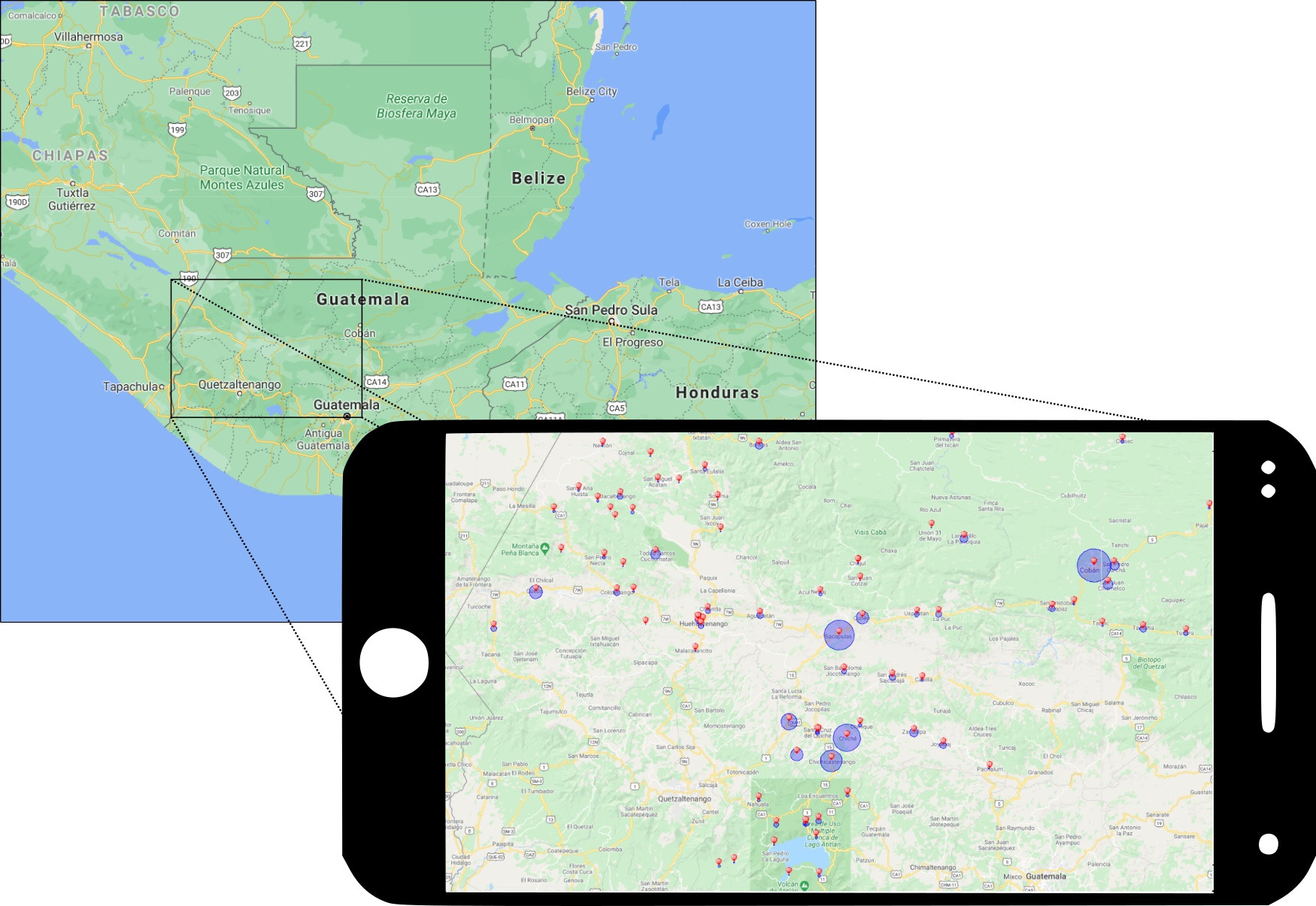 Digital map of Guatemala with health care workers GPS locations indicated.