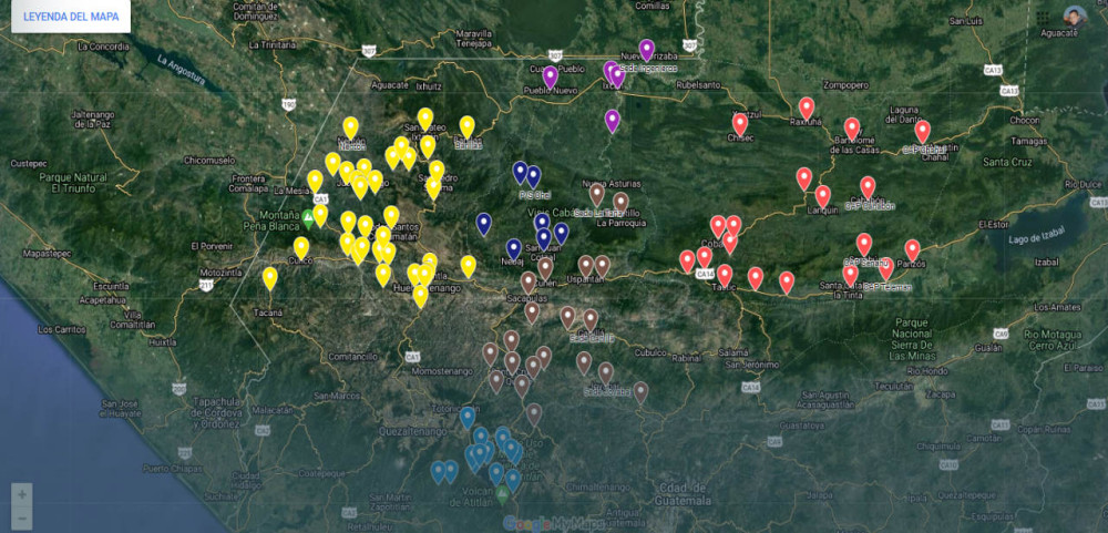 Map of participants in the regions of Alta Verapaz, Quiché, Huehuetenango and Sololá.